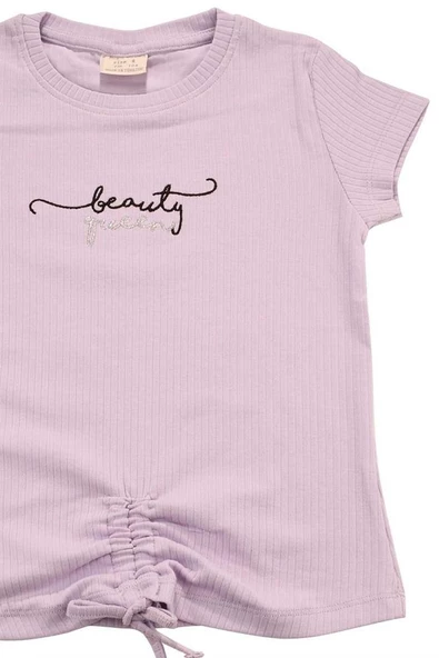 Nakışlı Fitilli Beauty Queen Tshirt Lila bipamuk - 3