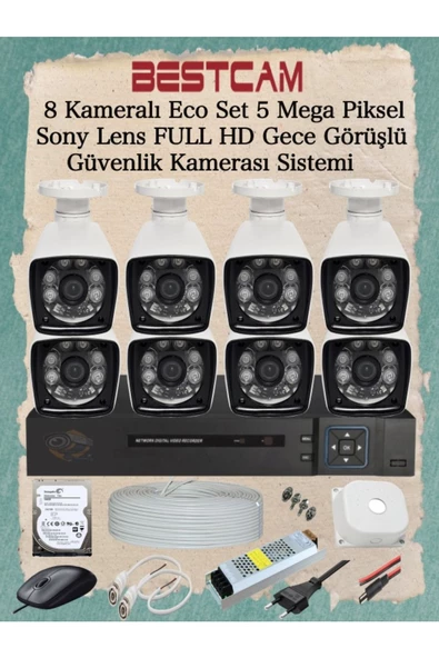 BESTCAM  8 Kameralı Eco Set 5 Mega Piksel Sony Lensli Full HD Gece Görüşlü Güvenlik Kamerası Seti 500 GB HDD