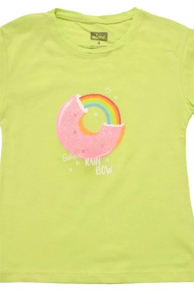 Gökkuşağı Baskılı Kız Tshirt Yeşil bipamuk - 3