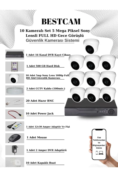 BESTCAM  10 Kameralı Set 5 Mega Piksel Sony Lensli FULL HD Gece Görüşlü Güvenlik Dome Kamera Seti 500 GB HDD