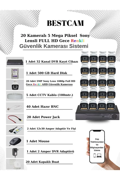 BESTCAM  20 Kameralı Set 5 Mega Piksel Sony Lensli FULL HD Gece Görüşü Renkli Güvenlik Kamera Seti 500 GB HDD