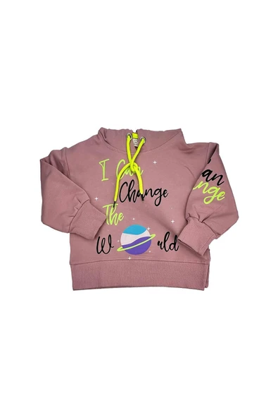 Yazılı Yırtmaçlı Kız Bebek Kapşonlu Sweat Pudra bipamuk - 8