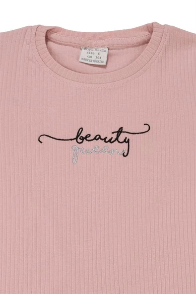 Nakışlı Fitilli Beauty Queen Tshirt Pudra bipamuk - 3