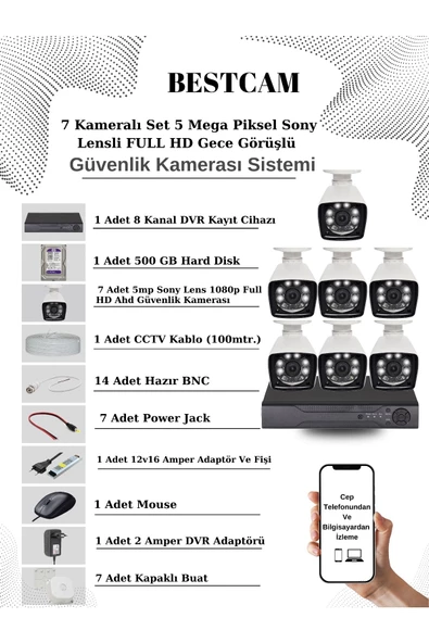 BESTCAM  7 Kameralı Set 5 Mega Piksel Sony Lensli FULL HD Gece Görüşlü Güvenlik Kamera Seti 500 GB Hard disk