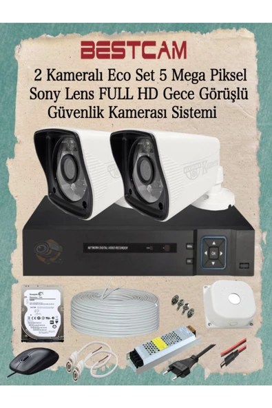 BESTCAM  2 Kameralı Eco Set 5 Mega Piksel Sony Lensli Full HD Gece Görüşlü Güvenlik Kamerası Sistemi