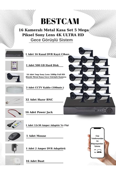 BESTCAM  16 Kameralı Metal Kasa Set 5 Mega Piksel Sony Lensli 4K Ultra HD Gece Görüşlü Sistem 500 GB HDD