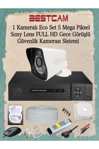 BESTCAM  1 Kameralı Eco Set 5 Mega Piksel Sony Lensli Full HD Gece Görüşlü Güvenlik Kamerası Sistemi