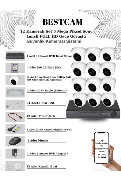 BESTCAM  12 Kameralı Set 5 Mega Piksel Sony Lensli FULL HD Gece Görüşlü Güvenlik Dome Kamera Seti 500 GB HDD