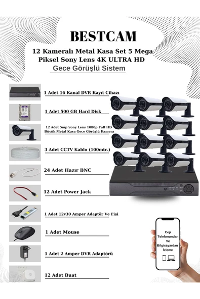 BESTCAM  12 Kameralı Metal Kasa Set 5 Mega Piksel Sony Lensli 4K Ultra HD Gece Görüşlü Sistem 500 GB HDD