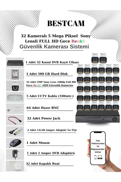 BESTCAM  32 Kameralı Set 5 Mega Piksel Sony Lensli FULL HD Gece Görüşü Renkli Güvenlik Kamera Seti 500 GB HDD