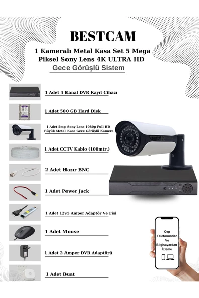 BESTCAM  1 Kameralı Metal Kasa Set 5 Mega Piksel Sony Lensli 4K Ultra HD Gece Görüşlü Sistem 500 GB Hard disk