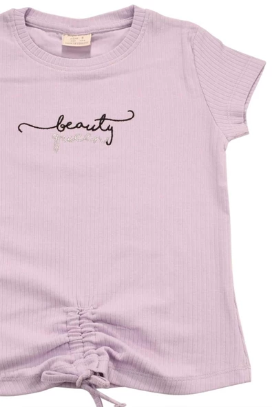 Nakışlı Fitilli Beauty Queen Tshirt Lila bipamuk - 9