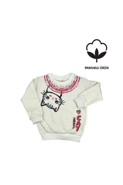 Kedi Baskılı Kız Bebek Sweat Beyaz bipamuk - 5