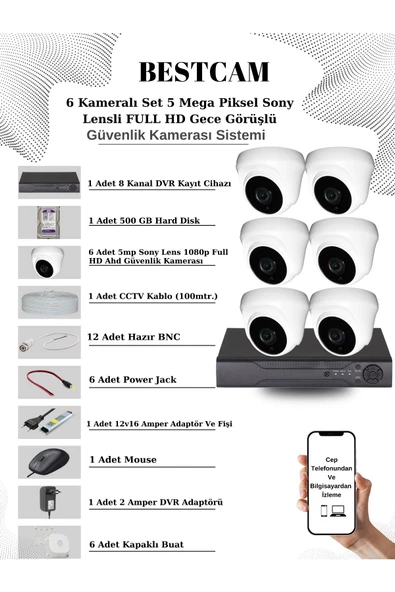 BESTCAM  6 Kameralı Set 5 Mega Piksel Sony Lensli FULL HD Gece Görüşlü Güvenlik Dome Kamera Seti 500 GB HDD