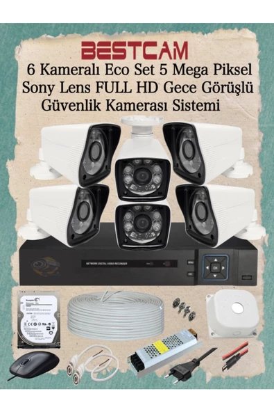 BESTCAM  6 Kameralı Eco Set 5 Mega Piksel Sony Lensli Full HD Gece Görüşlü Güvenlik Kamerası Seti 250 GB HDD