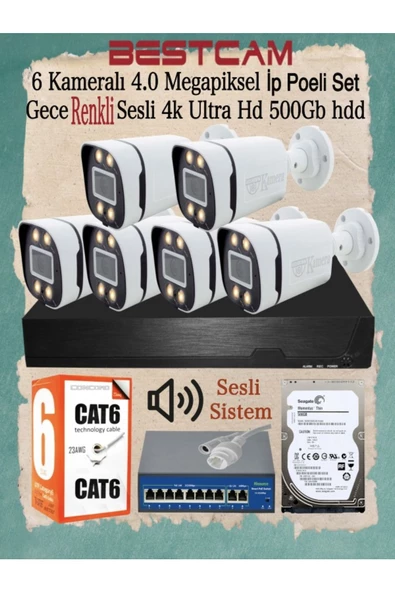 BESTCAM  6 Kameralı 4 Mega Piksel Ip Poeli Set Gece Renkli Sesli 4k Ultra Hd 500 Gb Hdd