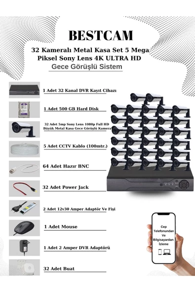 BESTCAM  32 Kameralı Metal Kasa Set 5 Mega Piksel Sony Lensli 4K Ultra HD Gece Görüşlü Sistem 500 GB HDD