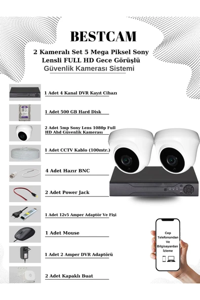 BESTCAM  2 Kameralı Set 5 Mega Piksel Sony Lensli FULL HD Gece Görüşlü Güvenlik Dome Kamera Seti 500 GB HDD