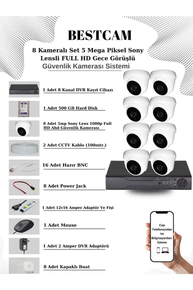 BESTCAM  8 Kameralı Set 5 Mega Piksel Sony Lensli FULL HD Gece Görüşlü Güvenlik Dome Kamera Seti 500 GB HDD