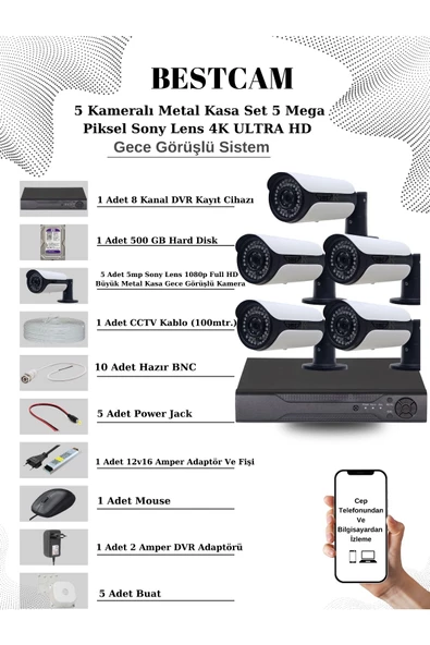 BESTCAM  5 Kameralı Metal Kasa Set 5 Mega Piksel Sony Lensli 4K Ultra HD Gece Görüşlü Sistem 500 GB Hard disk