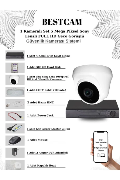 BESTCAM  1 Kameralı Set 5 Mega Piksel Sony Lensli FULL HD Gece Görüşlü Güvenlik Dome Kamera Seti 500 GB HDD