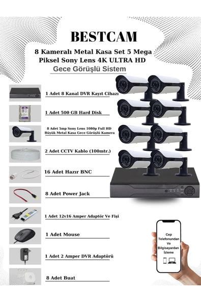 BESTCAM  8 Kameralı Metal Kasa Set 5 Mega Piksel Sony Lensli 4K Ultra HD Gece Görüşlü Sistem 500 GB Hard disk