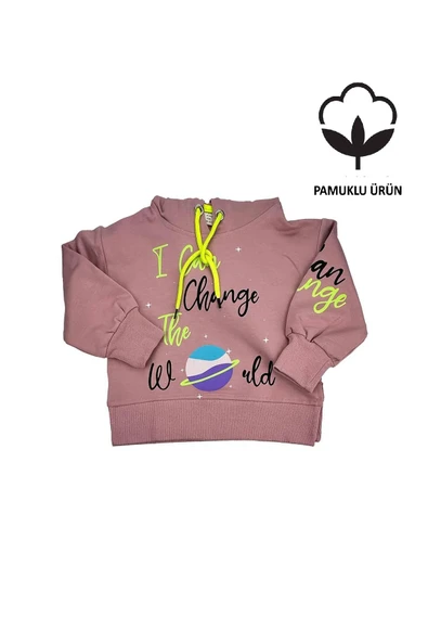 Yazılı Yırtmaçlı Kız Bebek Kapşonlu Sweat Pudra bipamuk - 5