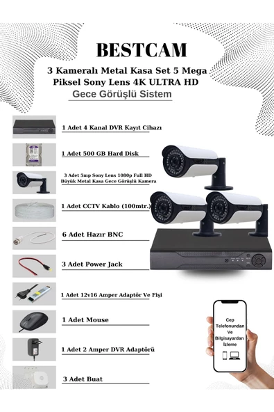 BESTCAM  3 Kameralı Metal Kasa Set 5 Mega Piksel Sony Lensli 4K Ultra HD Gece Görüşlü Sistem 500 GB Hard disk