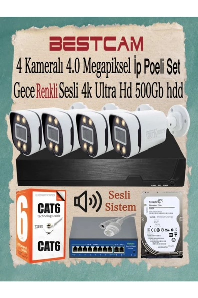 BESTCAM  4 Kameralı 4 Mega Piksel Ip Poeli Set Gece Renkli Sesli 4k Ultra Hd 500 Gb Hdd