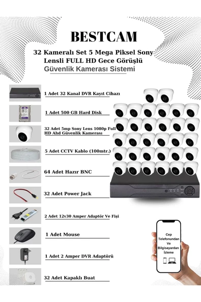 BESTCAM  32 Kameralı Set 5 Mega Piksel Sony Lensli FULL HD Gece Görüşlü Güvenlik Dome Kamera Seti 500 GB HDD