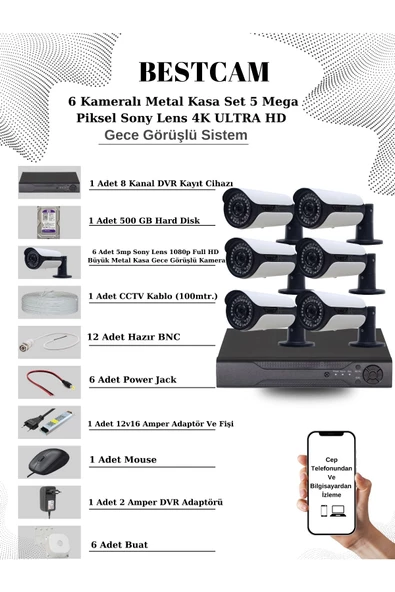 BESTCAM  6 Kameralı Metal Kasa Set 5 Mega Piksel Sony Lensli 4K Ultra HD Gece Görüşlü Sistem 500 GB Hard disk