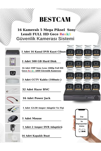 BESTCAM  16 Kameralı Set 5 Mega Piksel Sony Lensli FULL HD Gece Görüşü Renkli Güvenlik Kamera Seti 500 GB HDD