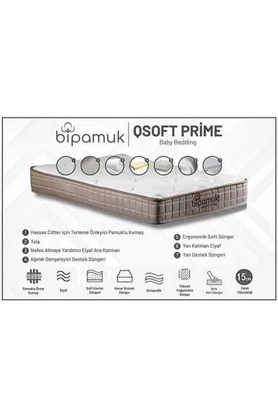 Qsoft Prime Beşik Yatağı Çocuk Yatağı Terleme Önleyici Bebek Yatağı bipamuk - 7