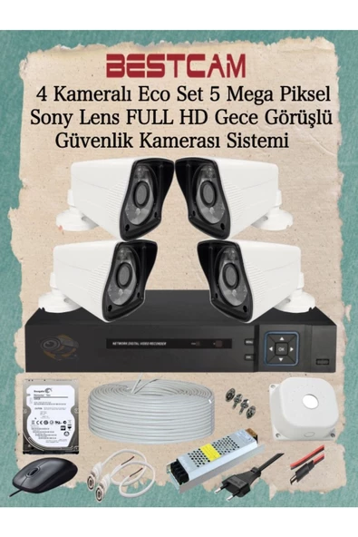 BESTCAM  4 Kameralı Eco Set 5 Mega Piksel Sony Lensli Full Hd Gece Görüşlü Güvenlik Kamerası Sistemi