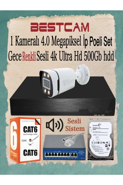 BESTCAM  1 Kameralı 4 Mega Piksel Ip Poeli Set Gece Renkli Sesli 4k Ultra Hd 500 Gb Hdd
