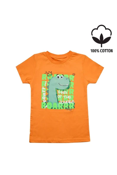 Sevimli Dinozor Baskılı Erkek Bebek Tshirt Turuncu bipamuk - 5