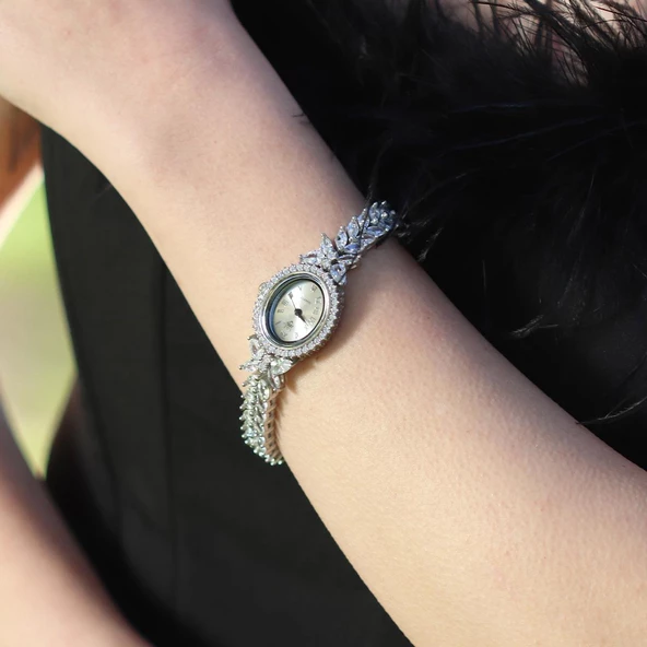 Çiçek Işıltılı Gümüş Zirkon Saat - Resim 3