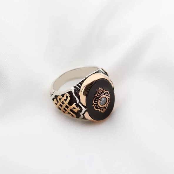 Onix Taşlı Kadüse Figürlü Gümüş Erkek Yüzük - Resim 2