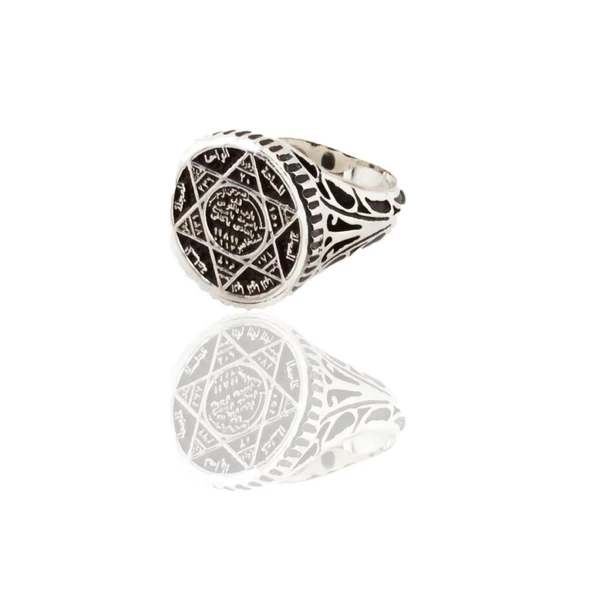 Sultan Süleyman Mührü İçi Karbon İşlemeli Gümüş Erkek Yüzük - Resim 3