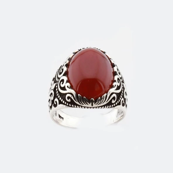 Akik Taşlı İşlemeli Gümüş Erkek Yüzük - Resim 2