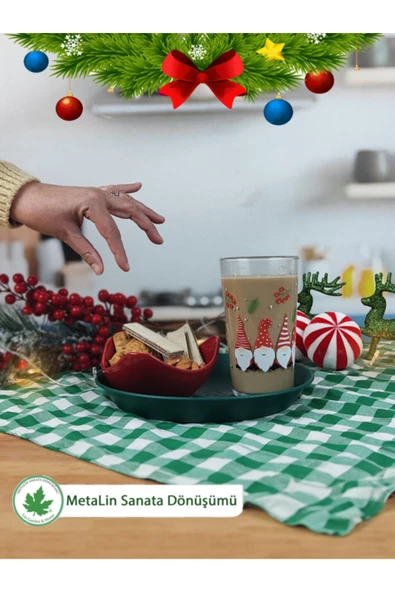 Yeşil Yılbaşı Sunum Tepsi 24 cm, Servis Tepsisi, Kahve Tepsisi, Happy New Year Baskılı - 2