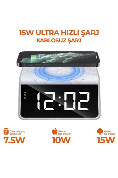 Havit W320 Hızlı Wireless Şarj, Saat Ve Gece Lambası (fast 15w) - Mermer Desenli - 2