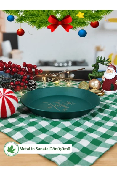 Yeşil Yılbaşı Sunum Tepsi 24 cm, Servis Tepsisi, Kahve Tepsisi, Happy New Year Baskılı - 3