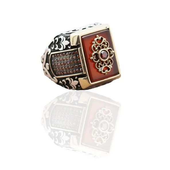 Akik Taş Üzerine İşlemeli Gümüş Erkek Yüzüğü ürün görseli 1