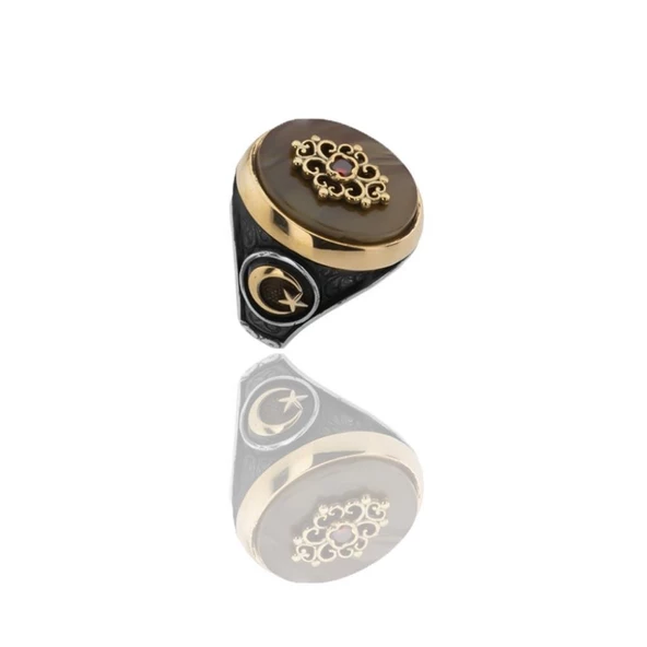 Osmanlı Motif Türk Ay Yıldız Gümüş Erkek Yüzük ürün görseli 1