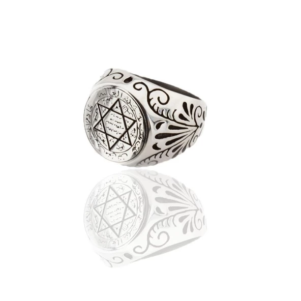 925 Ayar Sultan Süleyman Mührü Yanları İşlemeli Gümüş Erkek Yüzük ürün görseli 1