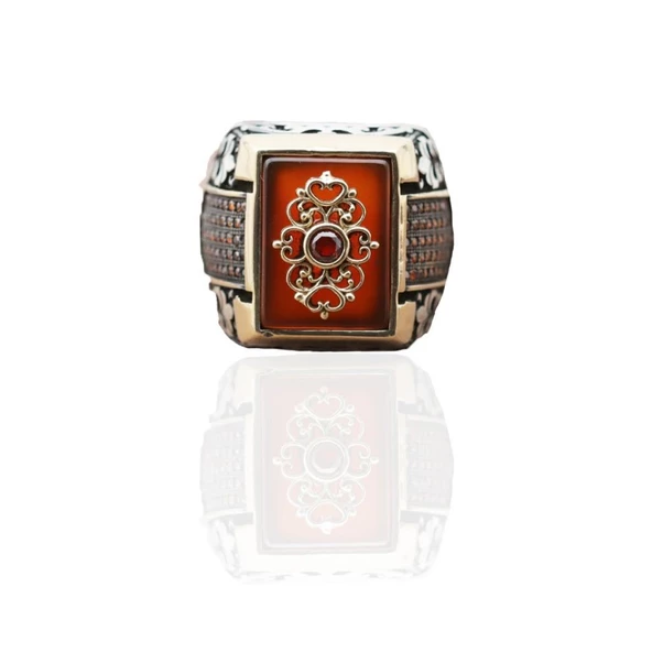 Akik Taş Üzerine İşlemeli Gümüş Erkek Yüzüğü - Resim 2