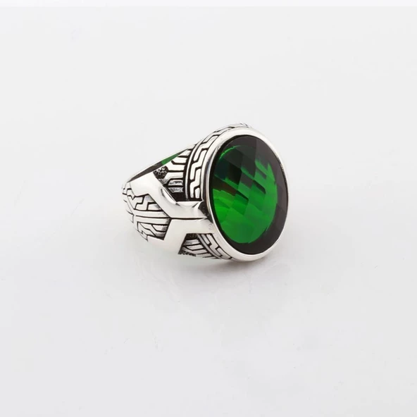 Yeşil Zirkon Taşlı Gümüş Erkek Yüzük - Resim 3