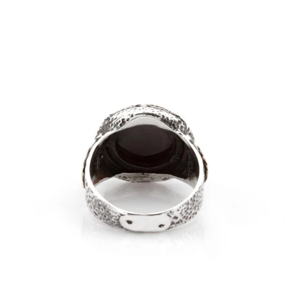 Kesme Zirkon Taşlı Oksit İşlemeli Gümüş Erkek Yüzüğü - Resim 3