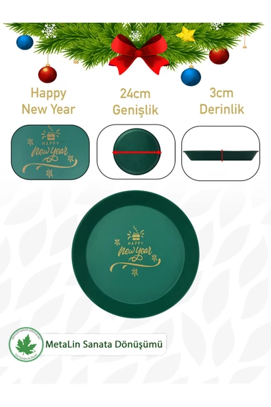 Yeşil Yılbaşı Sunum Tepsi 24 cm, Servis Tepsisi, Kahve Tepsisi, Happy New Year Baskılı - 5
